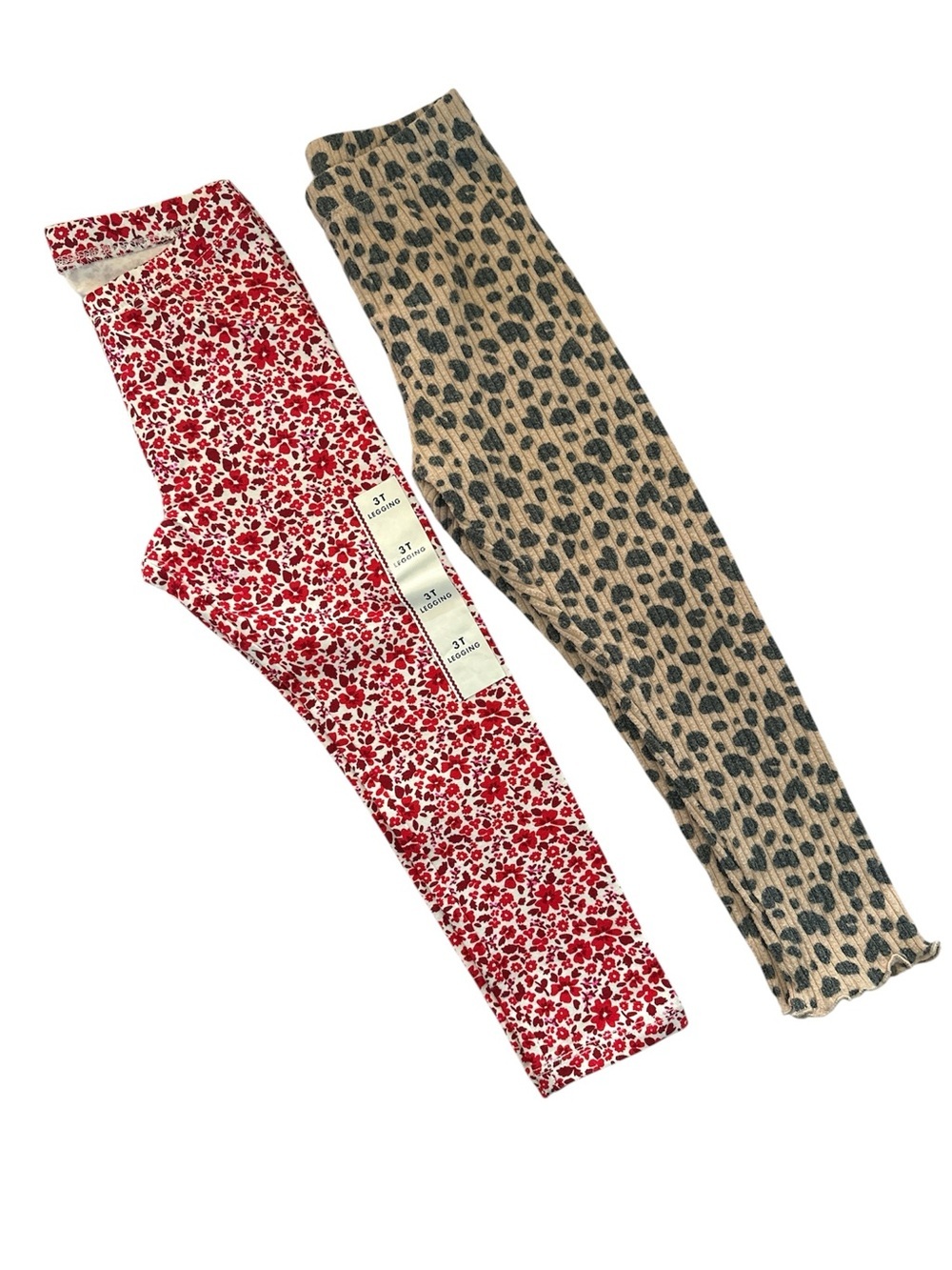 CAT & JACK Red Floral and Tan Leopard Print Kids Leggings 2 Pcs Size 3T
